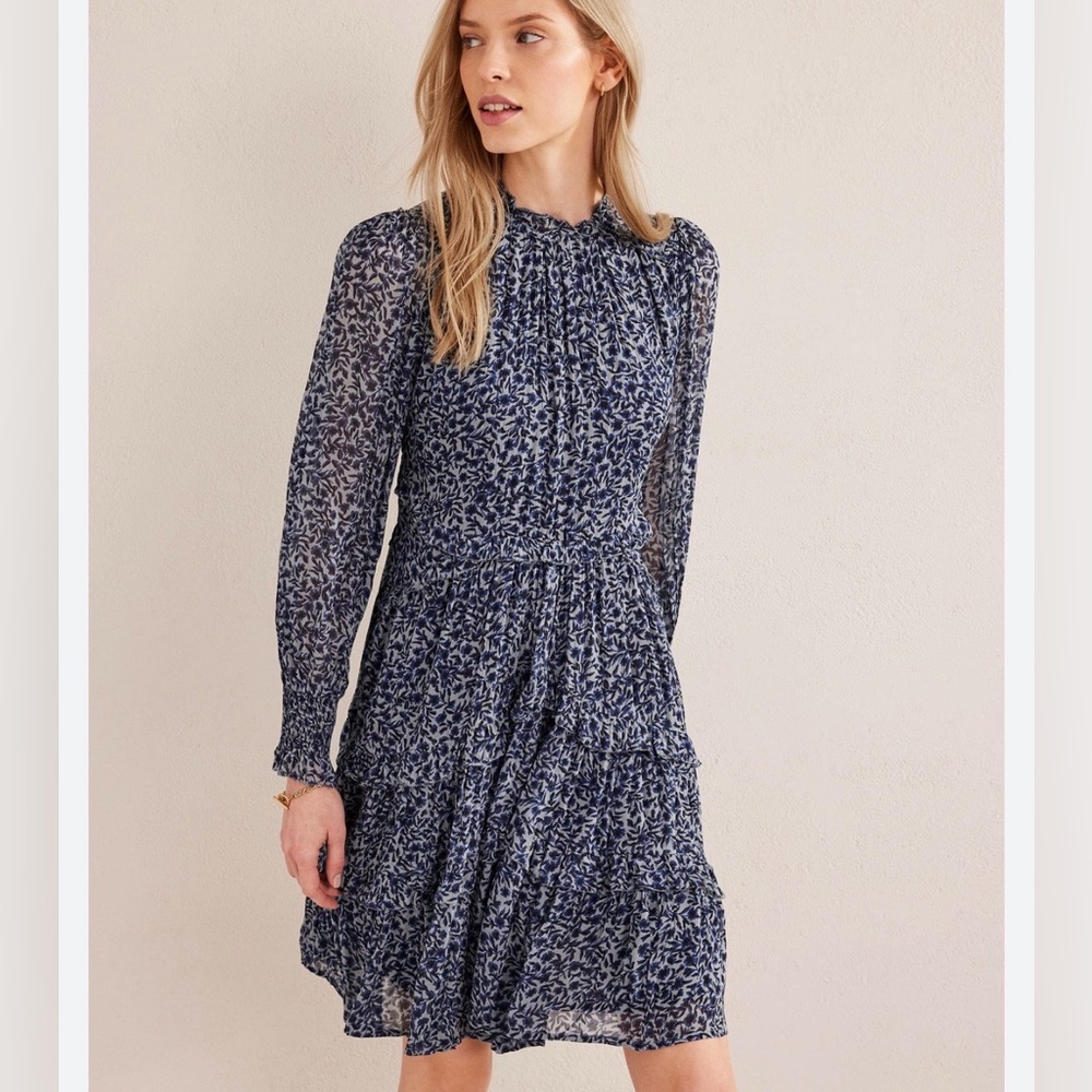 Boden Women Ruffle Open Back Mini Dress Floral Blue Sheer Lined Long Sleeve